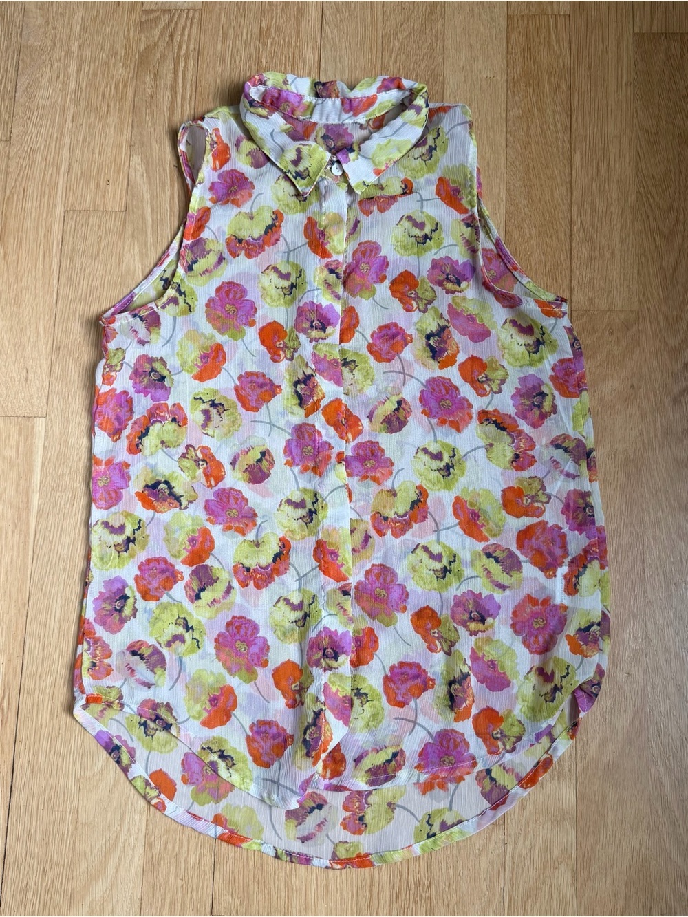 Vintage Floral Collared Sleeveless Top - Pink, Orange, Yellow